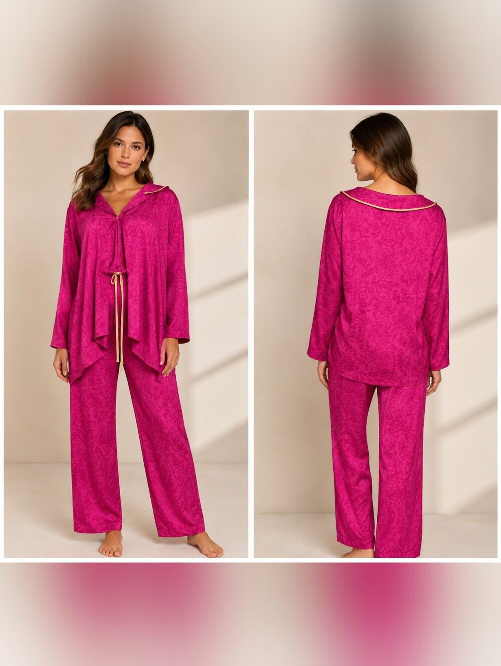 Natori Women’s Pink Satin Pajama Set Size Medium Damask Print Button Front Sleep
